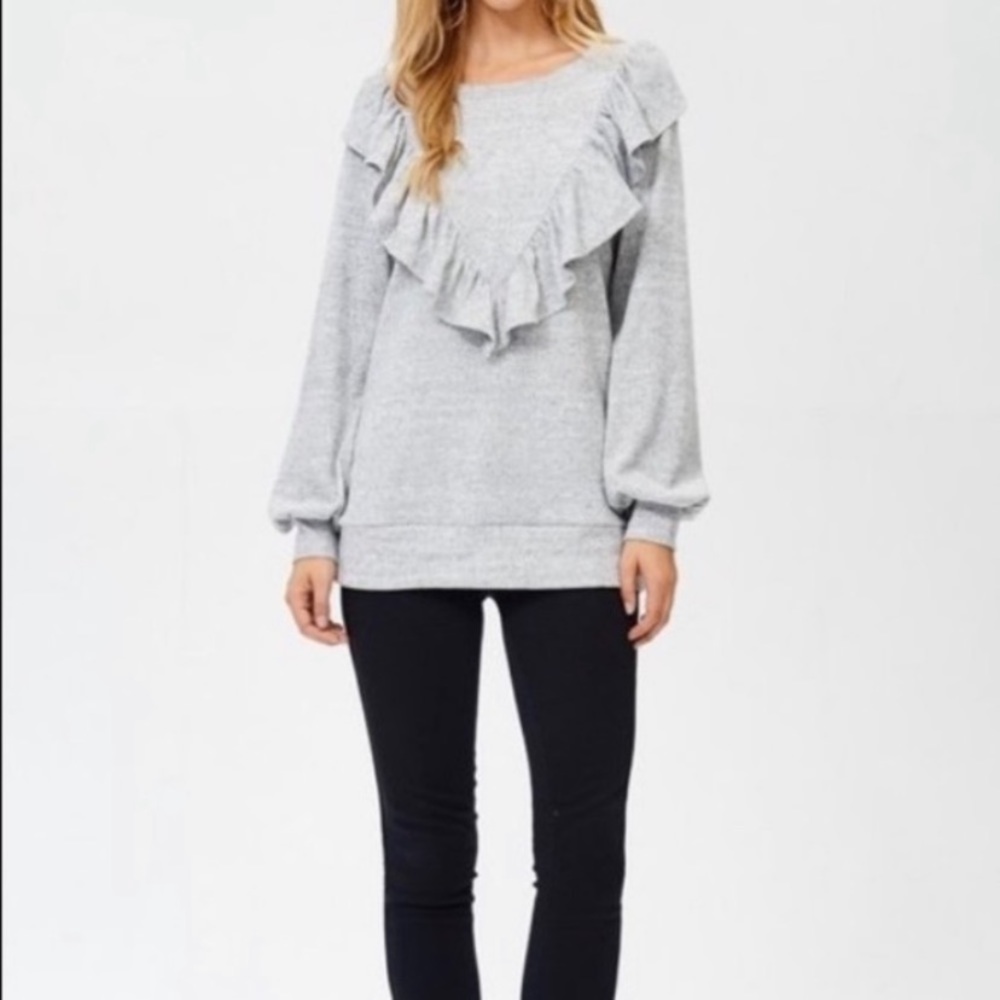 CLEARANCE Gray Ruffle Light Knit Long Sleeve Sweater - Picture 5 of 5